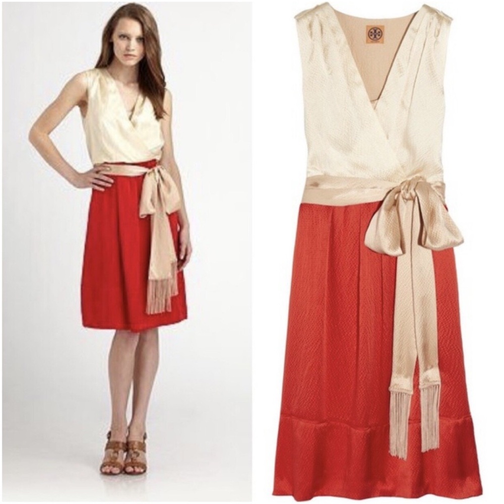 Tory Burch Cream and Red A-Line Wrap Skirt Dress
